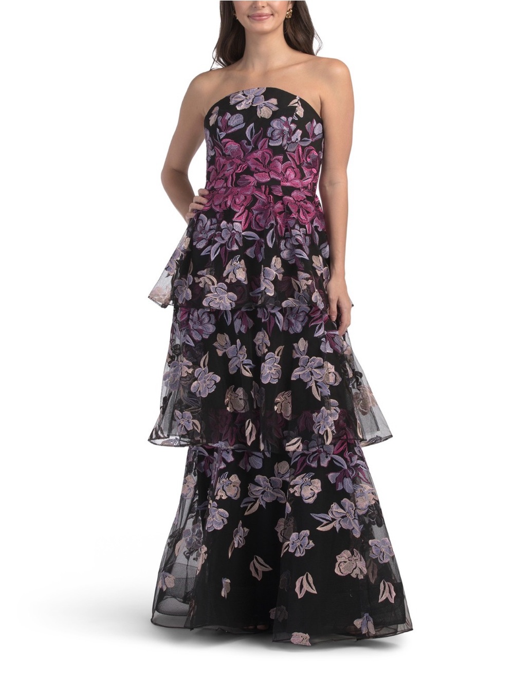 Strapless Black Floral Tiered Evening Gown in Pink & Lavender